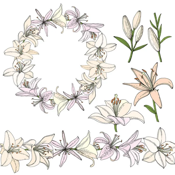 Koszorú a Lily virág, bimbó és levél. Kézzel rajzolt illusztráció. Vektorkép vázlat stílusban. — Stock Vector