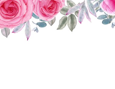 Suluboya çerçeve romantik çiçekler ve yaprakları, beyaz arka plan üzerinde izole. Güller, şakayık, okaliptüs gümüş doları. Kartlar için, tatil davetiyeleri: düğün,