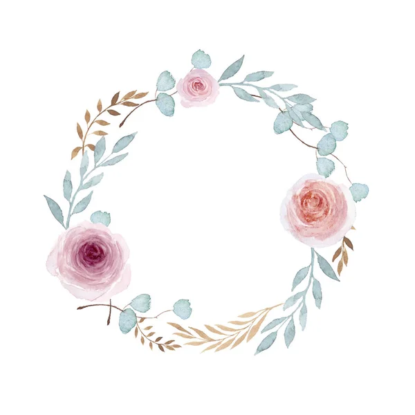 水彩花卉插图-花环与绿叶桉树, 粉红色的玫瑰。婚礼请柬, 问候, 壁纸, 时装, 背景, 纹理, Diy, 卡片. — 图库照片