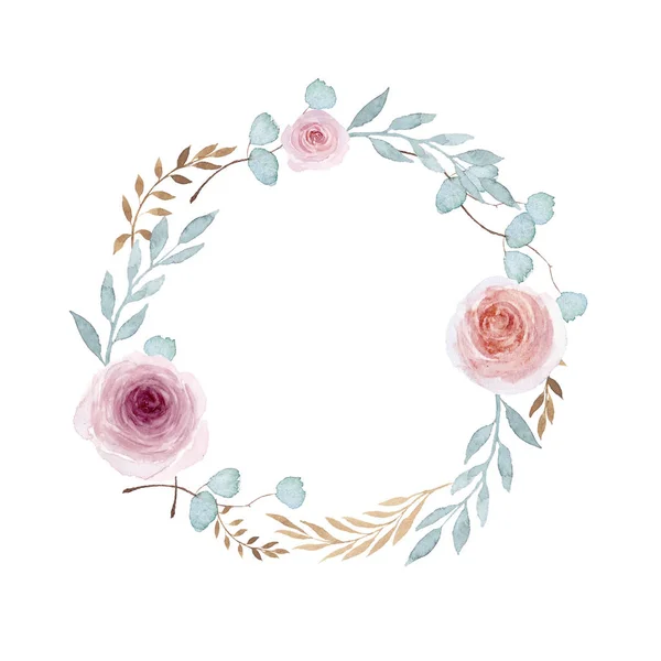 Aquarell florale Illustration - Kranz mit grünen Blättern Eukalyptus, rosa Rosen. für Hochzeitseinladungen, Grüße, Tapeten, Mode, Hintergründe, Texturen, Diy, Karten. — Stockfoto