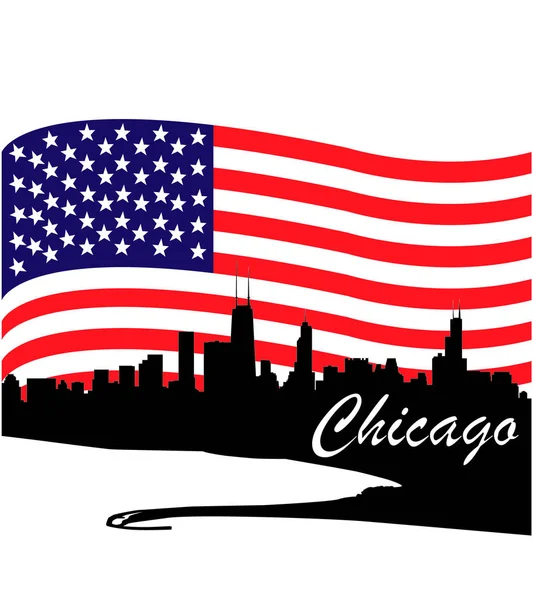 Detaylı vektör Chicago siluet manzarası ile ABD bayrağı