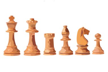 Satranç taşları beyaz, altı adet, her izole beyaz bir arka plan üzerinde