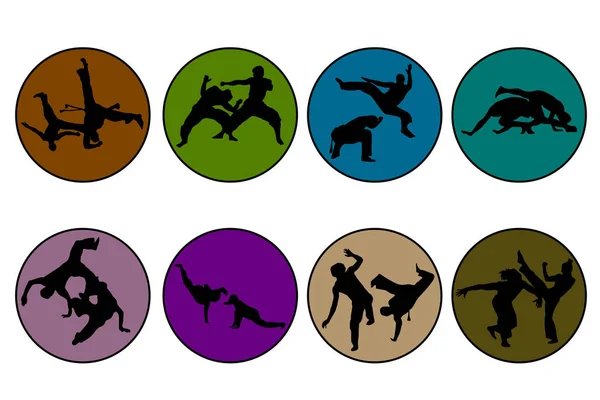 Siluetas Aisladas Luchando Contra Capoeira Conjunto Vectores Para Diseño — Vector de stock