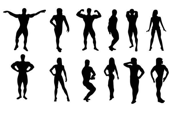 Conjunto Culturistas Siluetas Vectoriales Posando Hombres Mujeres Personas Musculosas — Vector de stock