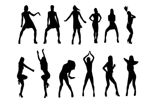 Diferentes Siluetas Baile Femenino Personas Movimiento — Vector de stock