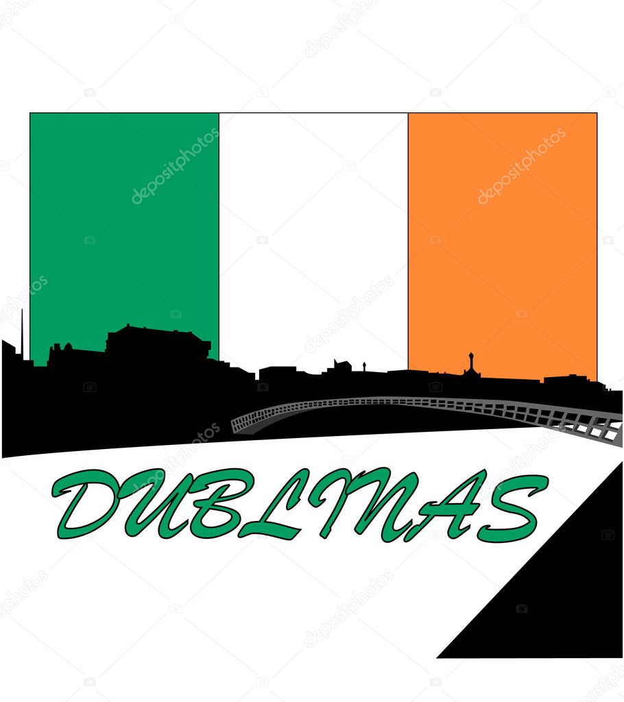 the silhouette of the city of Dublin with the colors of the country flag in the background
