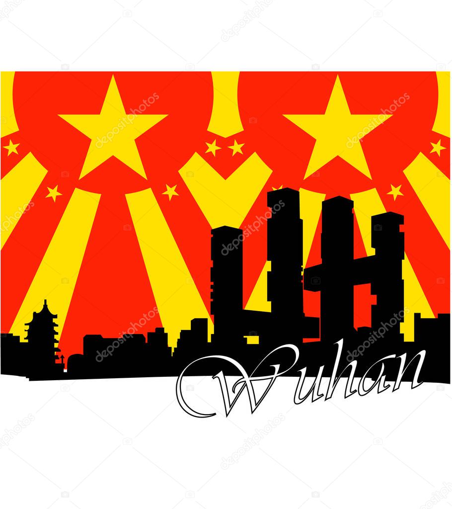 Silhouette of the city of Wuhan, against the background of the colors of the national flag