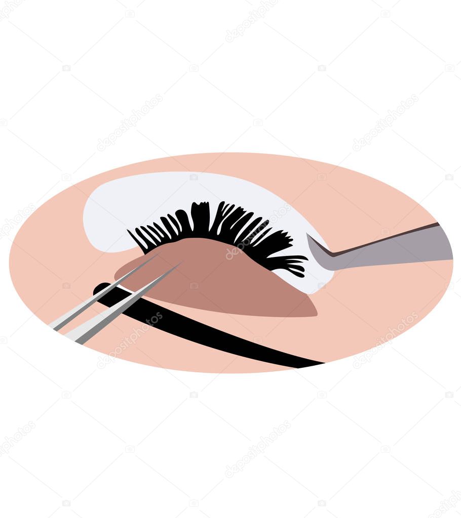 Illustration of extension of eyelashes, how to place false eyelashes