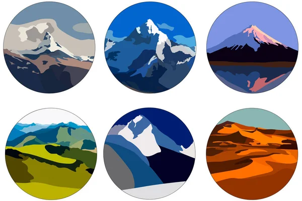 Conjunto Diferentes Iconos Hermosos Montañas — Vector de stock