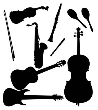 Çeşitli müzik aletleri, gitar, keman, sakasafon, vb bir dizi.