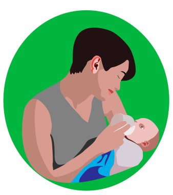 Genç güzel kız bebeği bir biberon