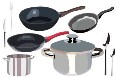 Mutfak eşyaları tencere, tava, kaşık ve çatal üzerinden bir dizi