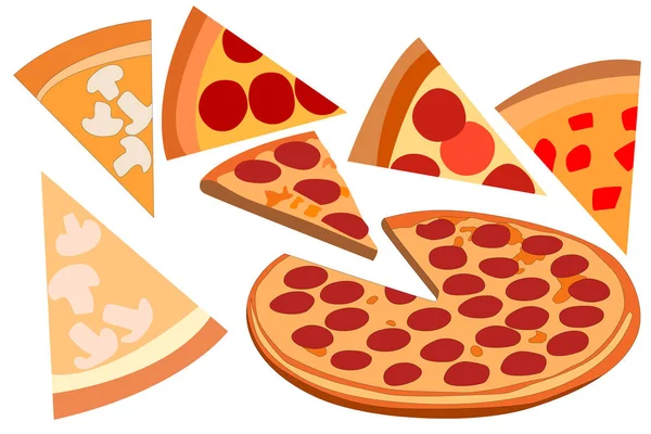 Кусочки Пиццы Различными Колбасными Начинками Мясом Сыром Грибами — стоковый вектор