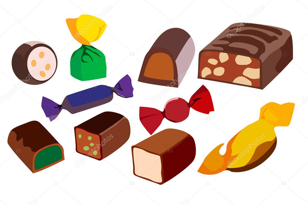 A set of ten sweets, different shapes of colors and ingredients