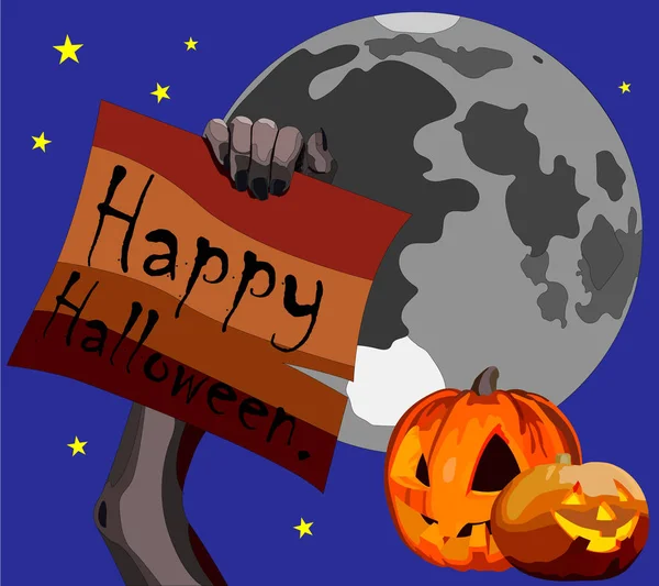 Halloween Main Zombie Tient Une Pancarte Sur Fond Lune Nuit — Image vectorielle