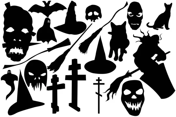Set Helluin Silhouettes Witches Bats Brooms Etc — Stock Vector