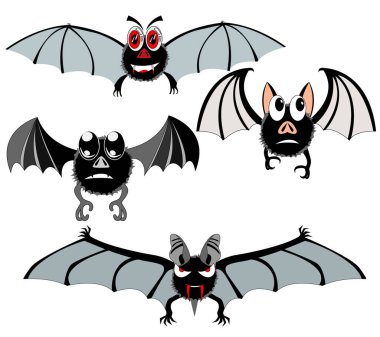 karikatür kriket sopası, sihirli hayvan, farklı renkler ve şekiller, farklı kanatlar, ağzı ve gözleri kümesi