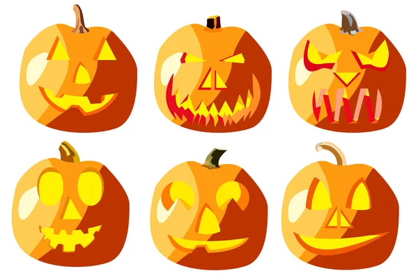 Ensemble Six Citrouilles Pour Halloween Objets Isolés Sur Fond Blanc — Image vectorielle