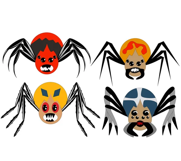 Set Four Cartoon Spiders Different Shapes Colors Kind Evil Spiders — Stock Vector