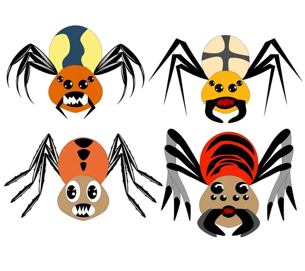 Conjunto Quatro Aranhas Desenhos Animados Diferentes Formas Cores Aranhas Gentis —  Vetores de Stock