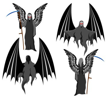 tırpan ve kanatları, kafatası yüz, beyaz arka plan üzerinde vektör yerine dört grim Reaper ayarla