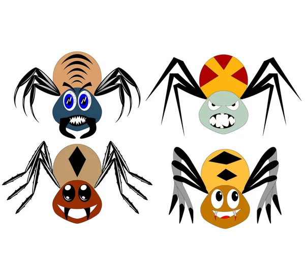 Set Four Cartoon Spiders Different Shapes Colors Kind Evil Spiders — Stock Vector