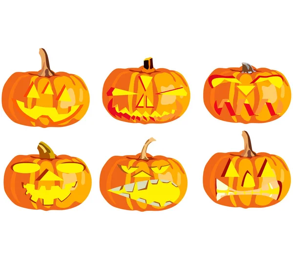 Ensemble Six Citrouilles Pour Halloween Objets Isolés Sur Fond Blanc — Image vectorielle