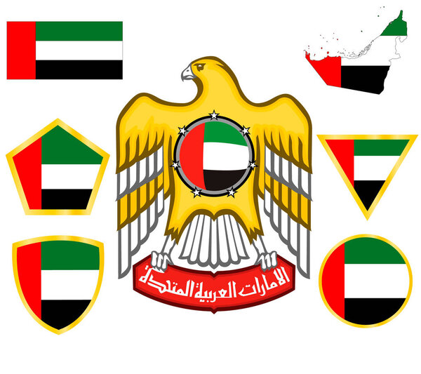 Coat Of Arms Of The United Arab Emirates. Flag and icons with flag elements. Vector on white background.