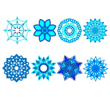 Mavi tonlar sekiz kar taneleri öğelerin ayarlayın. Beyaz arka plan üzerinde vektör.