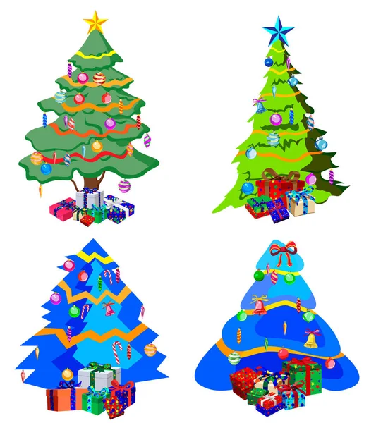 Star Decorations Balls Light Chains Decorated Christmas Trees Lots Gift — Stock Vector