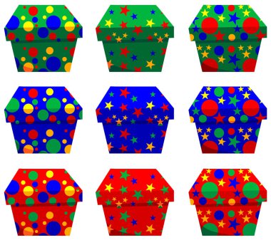 Farklı renkteki dokuz hediye kutuları kümesi resimde beyaz bir arka plan üzerinde