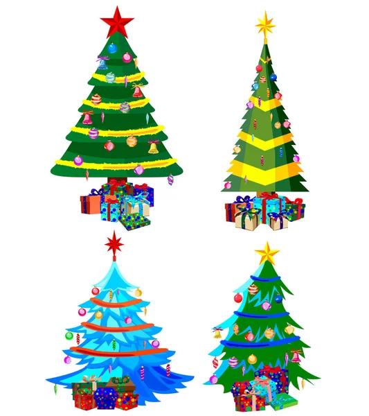 Yıldız dekorasyon, toplar ve hafif zincirleri Noel ağaçları ile lots-in hediye kutuları dekore edilmiştir. Beyaz arka plan üzerinde izole. Noel ağaçları kümesi.