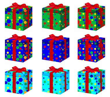 Farklı renkteki dokuz hediye kutuları kümesi resimde beyaz bir arka plan üzerinde