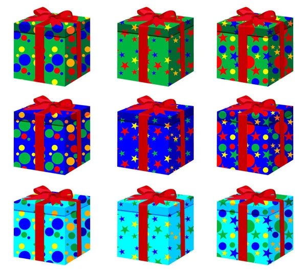 Készlet Ból Kilenc Ajándékszettek Különböző Színű Ábra Meg Fehér Háttéren — Stock Vector