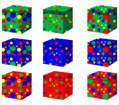 Farklı renkteki dokuz hediye kutuları kümesi resimde beyaz bir arka plan üzerinde