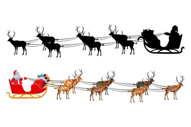 Noel Baba hediye bir avuç Ren geyiği ile bir atlı kızak üzerinde. Noel Baba silüeti. Resimde beyaz arka plan üzerinde.