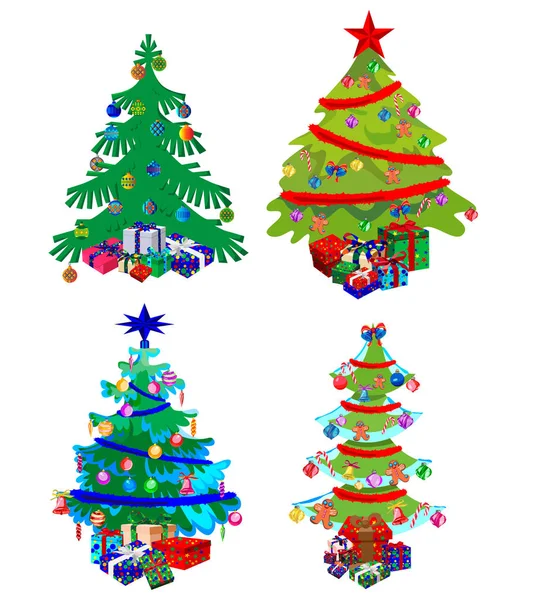 Decorazioni Stellari Palline Catene Leggere Decorati Alberi Natale Con Sacco — Vettoriale Stock