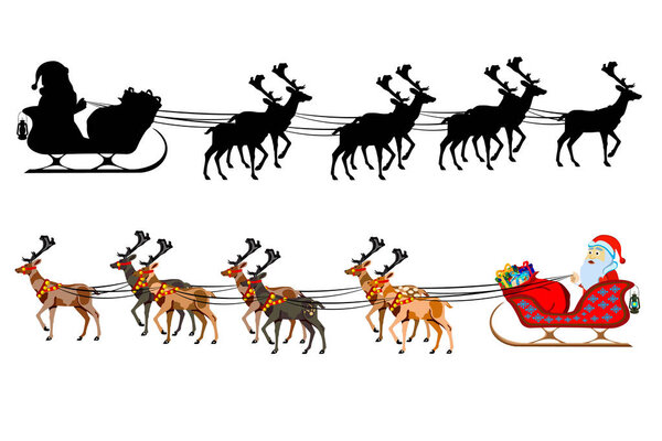 Santa Claus on a sleigh with reindeer, with a handful of gifts. Silhouette of santa claus. Illustration on white background.