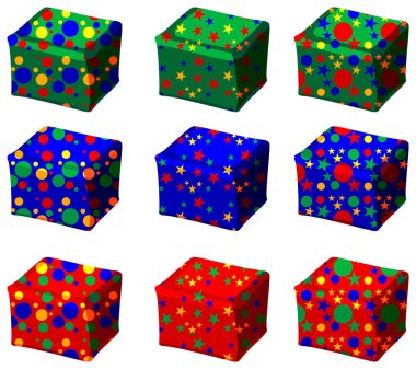 Farklı renkteki dokuz hediye kutuları kümesi resimde beyaz bir arka plan üzerinde
