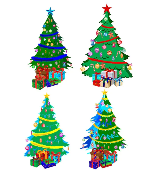 Yıldız dekorasyon, toplar ve hafif zincirleri Noel ağaçları ile lots-in hediye kutuları dekore edilmiştir. Beyaz arka plan üzerinde izole. Noel ağaçları kümesi.