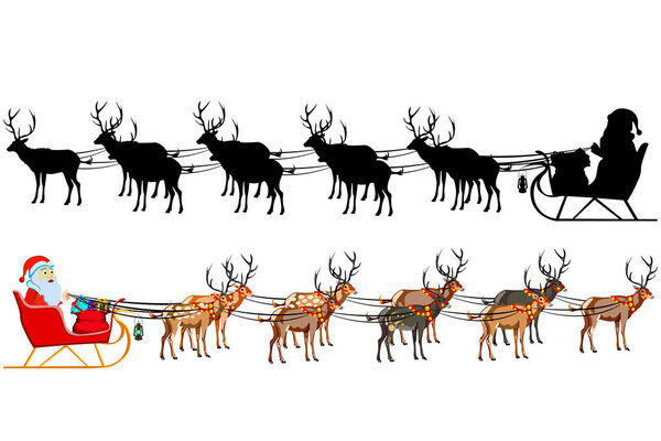 Santa Claus on a sleigh with reindeer, with a handful of gifts. Silhouette of santa claus. Illustration on white background.