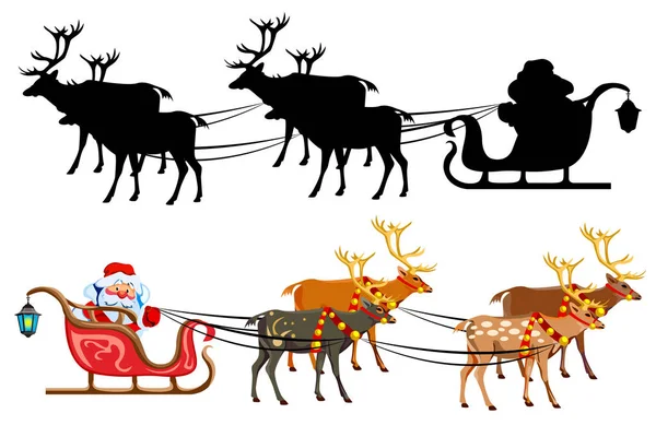 Santa Claus Trineo Con Renos Con Puñado Regalos Silueta Santa — Vector de stock