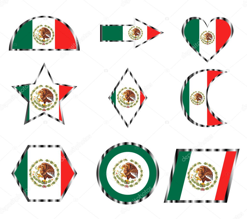 set of various icons of the National Flag of Mexico, vector isolated on white background