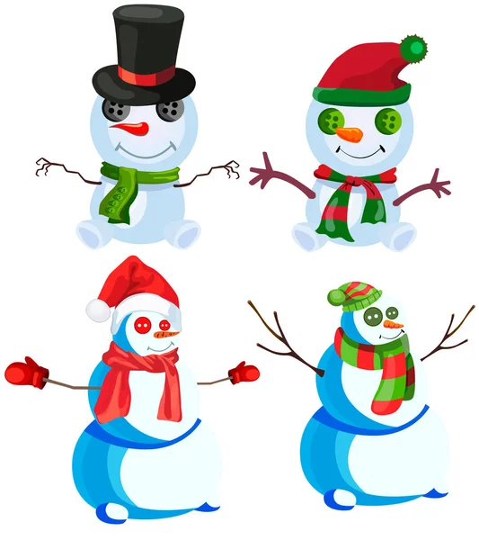 Set Four Snowmen Various Headdresses Different Scarves Vector White Background — Stock Vector