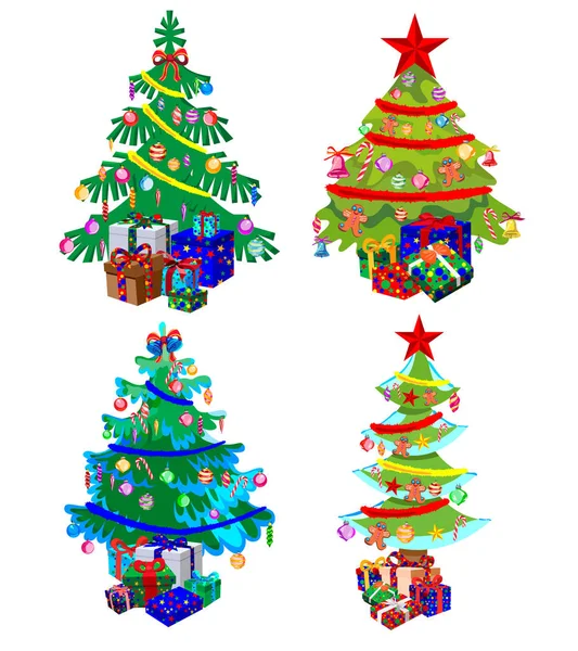 Sternenschmuck Kugeln Und Lichterketten Schmückten Weihnachtsbäume Mit Vielen Geschenkschachteln Isoliert — Stockvektor