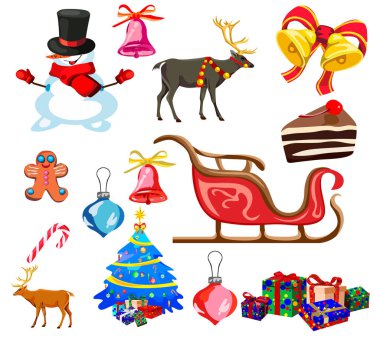 Mutlu Noel ve yeni yıl, karikatür simgeleri, illüstrasyon, beyaz arka plan üzerinde izole için ayarla