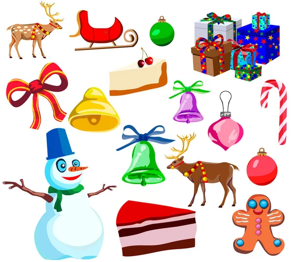 Set Happy Christmas New Year Cartoon Icons Illustrations Isolated White — Stock Vector