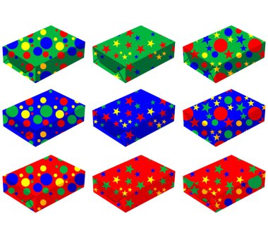Farklı renkteki dokuz hediye kutuları kümesi resimde beyaz bir arka plan üzerinde
