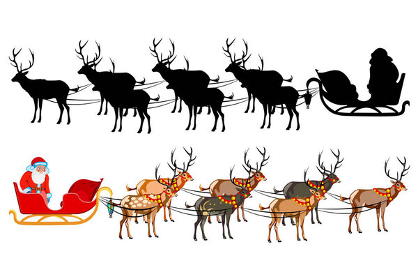 Santa Claus on a sleigh with reindeer, with a handful of gifts. Silhouette of santa claus. Illustration on white background.