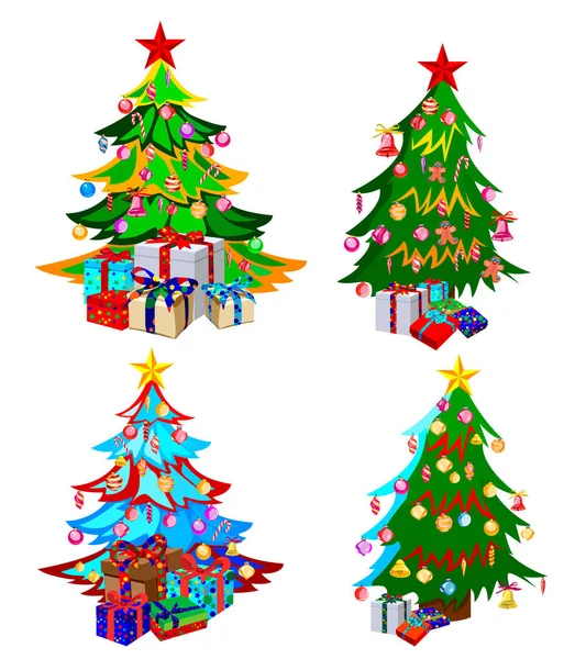 Decorazioni Stellari Palline Catene Leggere Decorati Alberi Natale Con Sacco — Vettoriale Stock